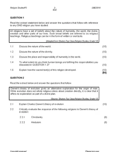 Religion Studies Grade 12 May/June 2018 Paper 2 question paper, first page of questions
