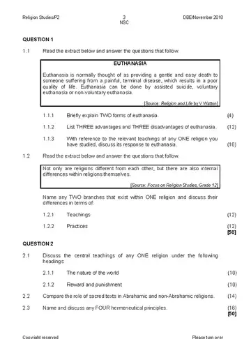 Religion Studies Grade 12 November 2018 Paper 2 (National DBE) question paper, first page of questions