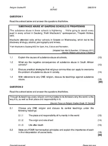 Religion Studies Grade 12 May/June 2019 Paper 2 question paper, first page of questions