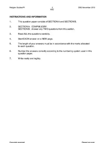 Religion Studies Grade 12 November 2019 Paper 1 (National DBE) question paper, first page of questions