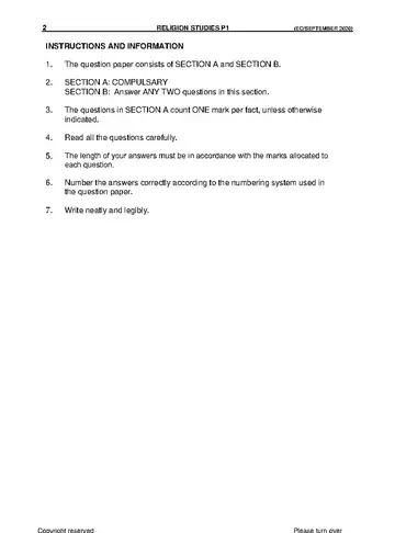 Religion Studies Grade 12 September Trial 2020 Paper 1 question paper, first page of questions