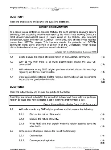 Religion Studies Grade 12 May/June 2021 Paper 2 question paper, first page of questions