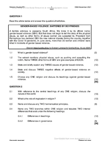 Religion Studies Grade 12 November 2021 Paper 2 (National DBE) question paper, first page of questions