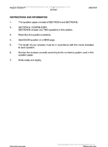 Religion Studies Grade 12 May/June 2022 Paper 1 question paper, first page of questions
