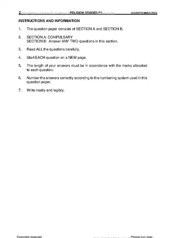 Religion Studies Grade 12 September Trial 2022 Paper 1 question paper, first page of questions