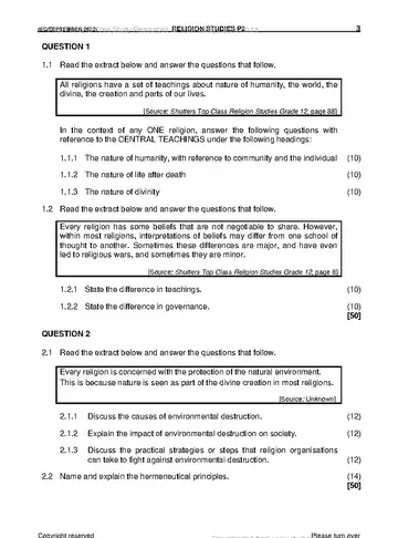 Religion Studies Grade 12 September Trial 2022 Paper 2 question paper, first page of questions