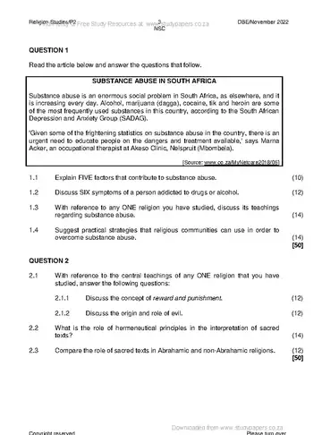 Religion Studies Grade 12 November 2022 Paper 2 (National DBE) question paper, first page of questions