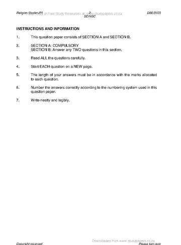 Religion Studies Grade 12 May/June 2023 Paper 1 question paper, first page of questions