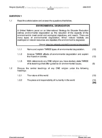 Religion Studies Grade 12 May/June 2023 Paper 2 question paper, first page of questions