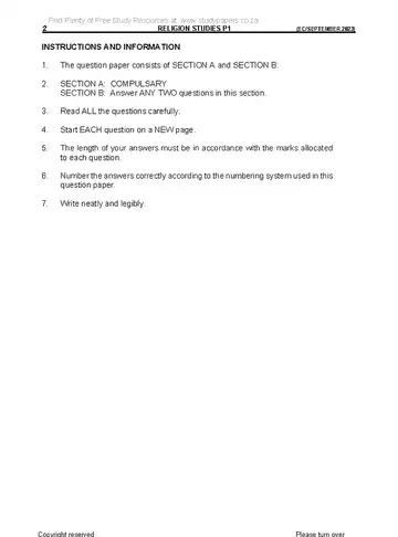 Religion Studies Grade 12 September Trial 2023 Paper 1 question paper, first page of questions