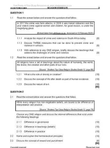 Religion Studies Grade 12 September Trial 2023 Paper 2 question paper, first page of questions