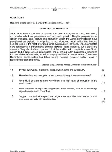 Religion Studies Grade 12 November 2023 Paper 2 (National DBE) question paper, first page of questions