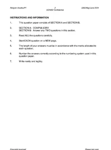 Religion Studies Grade 12 May/June 2024 Paper 1 question paper, first page of questions