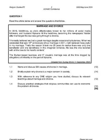 Religion Studies Grade 12 May/June 2024 Paper 2 question paper, first page of questions