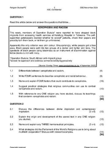 Religion Studies Grade 12 November 2024 Paper 2 (National DBE) question paper, first page of questions