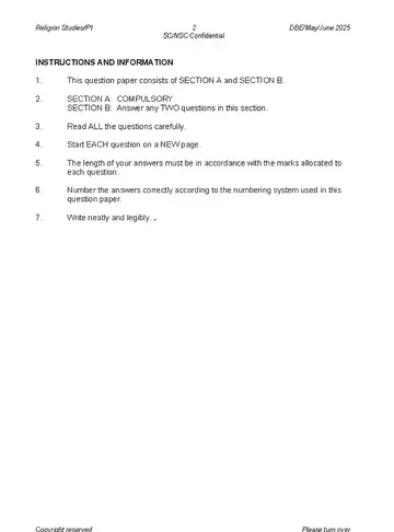 Religion Studies Grade 12 May/June 2025 Paper 1 question paper, first page of questions