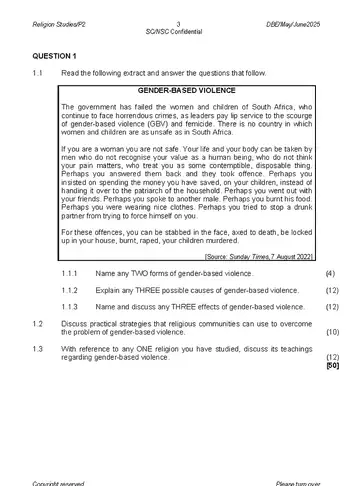 Religion Studies Grade 12 May/June 2025 Paper 2 question paper, first page of questions