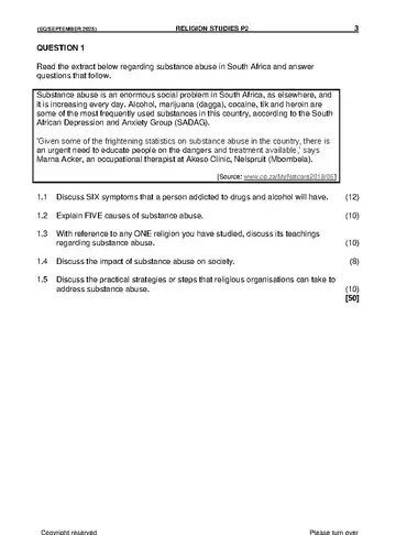 Religion Studies Grade 12 September Trial 2025 Paper 2 question paper, first page of questions
