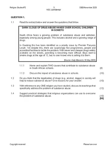 Religion Studies Grade 12 November 2025 Paper 2 (National DBE) question paper, first page of questions