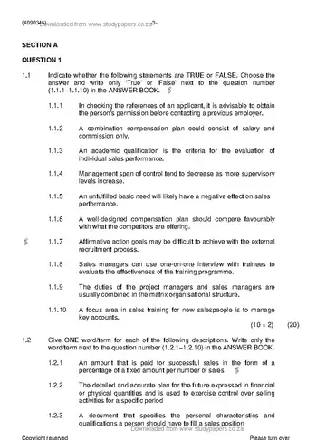 Sales Management N6 June 2019 question paper, first page of questions