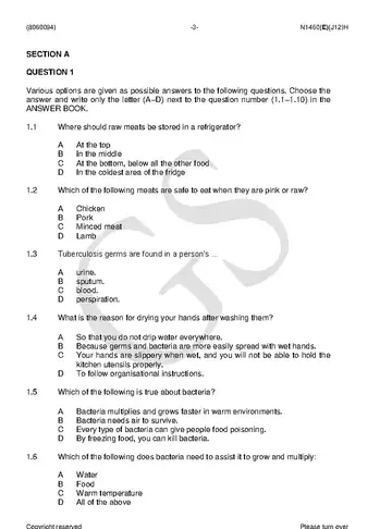 Sanitation and Safety N4 June 2018 question paper, first page of questions