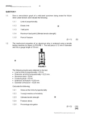 Strength of Materials and Structures N5 August 2019 question paper, first page of questions