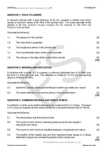 Strength of Materials and Structures N6 August 2018 question paper, first page of questions
