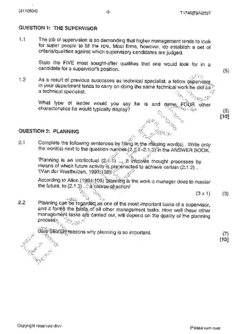 Supervisory Management N4 November 2013 question paper, first page of questions