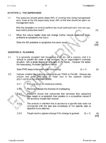 Supervisory Management N4 August 2014 question paper, first page of questions