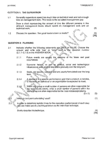Supervisory Management N4 November 2014 question paper, first page of questions