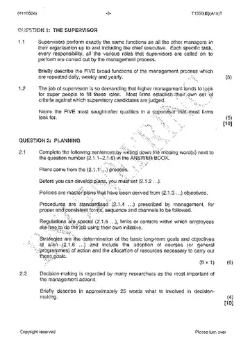 Supervisory Management N4 April 2015 question paper, first page of questions