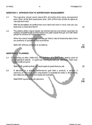 Supervisory Management N4 November 2016 question paper, first page of questions