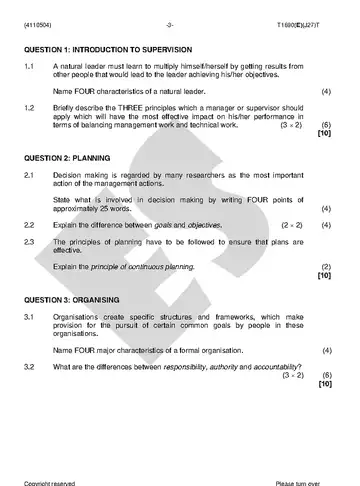 Supervisory Management N4 August 2018 question paper, first page of questions