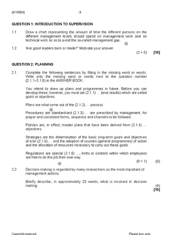 Supervisory Management N4 August 2019 question paper, first page of questions