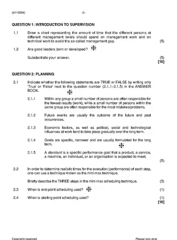 Supervisory Management N4 August 2021 question paper, first page of questions