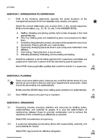 Supervisory Management N4 November 2022 question paper, first page of questions