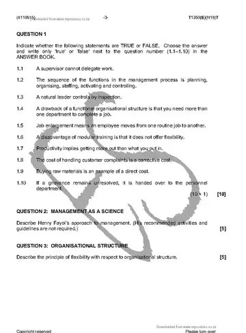 Supervisory Management N5 November 2016 question paper, first page of questions