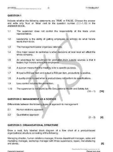Supervisory Management N5 August 2018 question paper, first page of questions