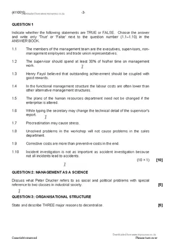 Supervisory Management N5 August 2019 question paper, first page of questions