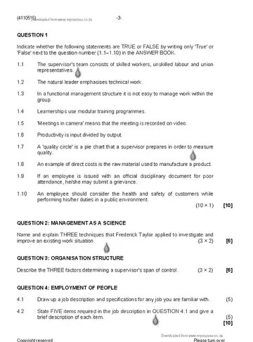 Supervisory Management N5 April 2020 question paper, first page of questions