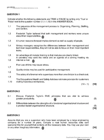 Supervisory Management N5 August 2021 question paper, first page of questions