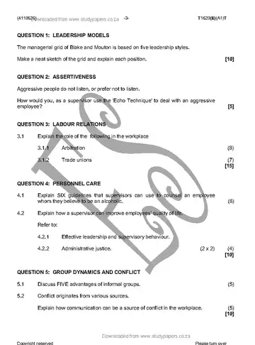 Supervisory Management N6 April 2016 question paper, first page of questions
