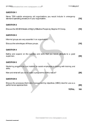Supervisory Management N6 August 2018 question paper, first page of questions