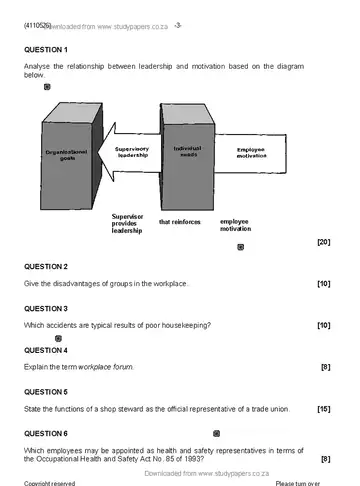 Supervisory Management N6 August 2019 question paper, first page of questions