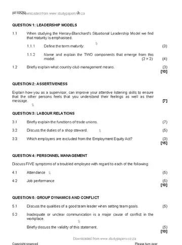 Supervisory Management N6 April 2020 question paper, first page of questions