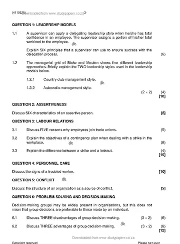 Supervisory Management N6 April 2021 question paper, first page of questions