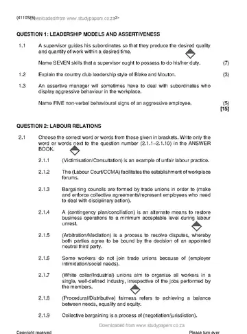 Supervisory Management N6 November 2022 question paper, first page of questions
