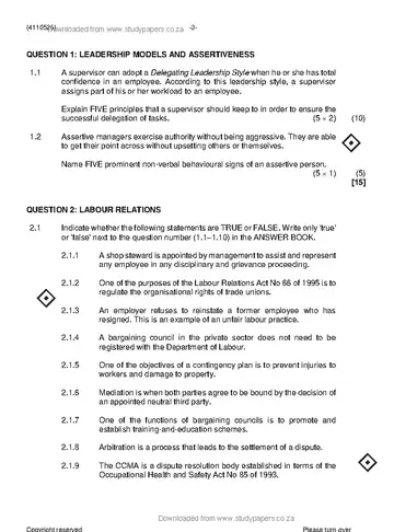 Supervisory Management N6 November 2023 question paper, first page of questions