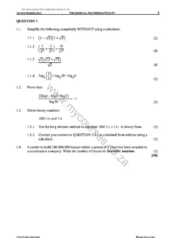Technical Mathematics Grade 11 November 2022 Paper 1 question paper, first page of questions