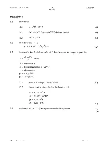 Technical Mathematics Grade 12 May/June 2021 Paper 1 question paper, first page of questions